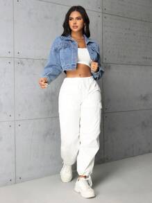 Chamarra de mezclilla corta con mangas largas de moda para mujer - Azul - Ver 1