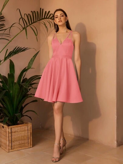ANGEL FASHIONS Women's V-Neck Criss-Cross Backless A-Line Dress