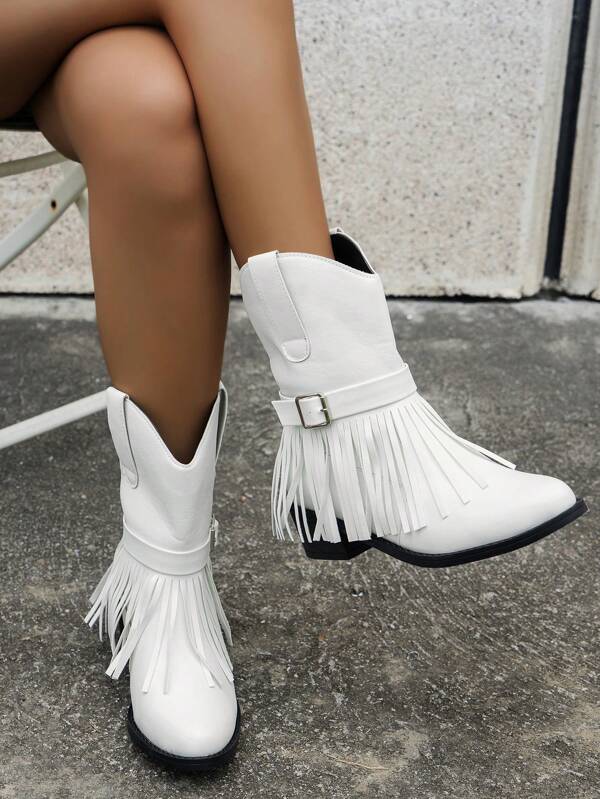 Women's Buckle Decor Fringe Pointed Toe , Go With Sweater Dress Wear With Sweater, Chunky Heel Western Boots Leather Short Boots For Fall & Winter, Match With Hoodie