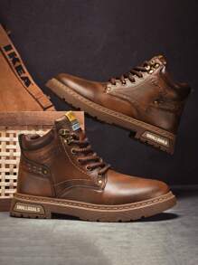 时尚搭配牛仔裤，男士高帮靴，新款秋季春季毛绒橡胶底黑色蓬松休闲中筒靴，时尚男士鞋搭配牛仔裤 - 棕色 - 查看 8