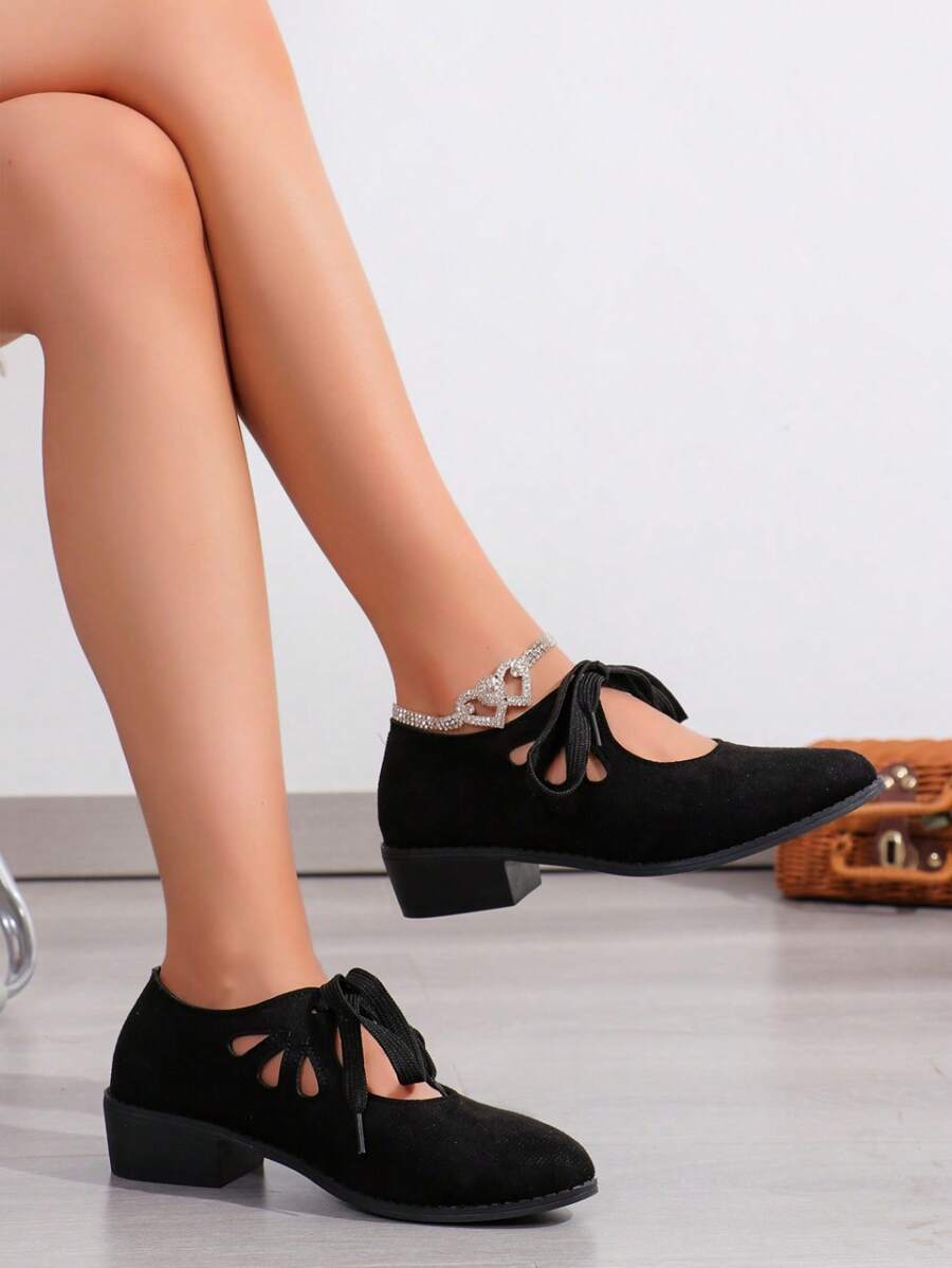 Women New Spring Autumn Mid Heel Square Toe Casual Pumps, Suede Leather British Style Lace-Up Oxfords, Comfortable Daily Work Office Shoes - Black - View 1