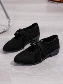 Women New Spring Autumn Mid Heel Square Toe Casual Pumps, Suede Leather British Style Lace-Up Oxfords, Comfortable Daily Work Office Shoes - Black - View 5