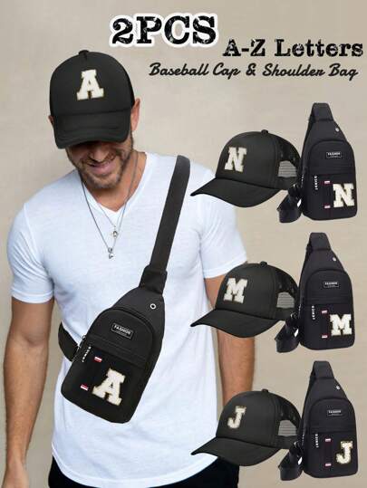 2pcs/Set Women's 26 Letter Truck Cap & Letter Crossbody Bag Set, Casual Versatile Sun Hat, Suitable For Spring/Summer Outdoor Use, Daily Fashion Accessory & Gift For Girlfriends