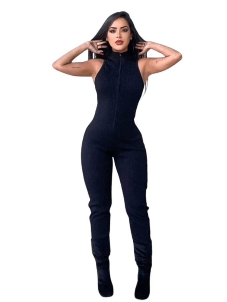 Virginia Ribbed Tank Top Jumpsuit - Black - View 2