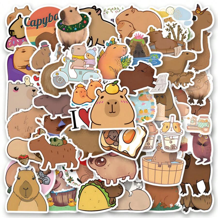 54 PIEZAS Pegatinas lindas de Capibara, pegatinas de vinilo estéticas para scrapbooking, diario, portátil, parachoques, monopatín, botella de agua, computadora, teléfono, dibujos animados, casco duro, pegatinas y calcomanías para automóvil - Multicolor - Ver 1