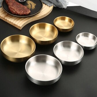 304不锈钢双层隔热防烫盘，金色和银色可选，韩式风格，可用作儿童碗或热汤碗，三种尺寸可供选择，适合家庭野餐、派对或餐厅使用、厨房、圣诞节礼物