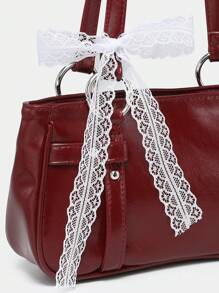1pc Women's Lace Bow Ballerina Style Open Top Underarm Vintage Y2K One Shoulder Baguette Bag, Suitable For Going Out And Dating - 酒紅色 - 查看 3