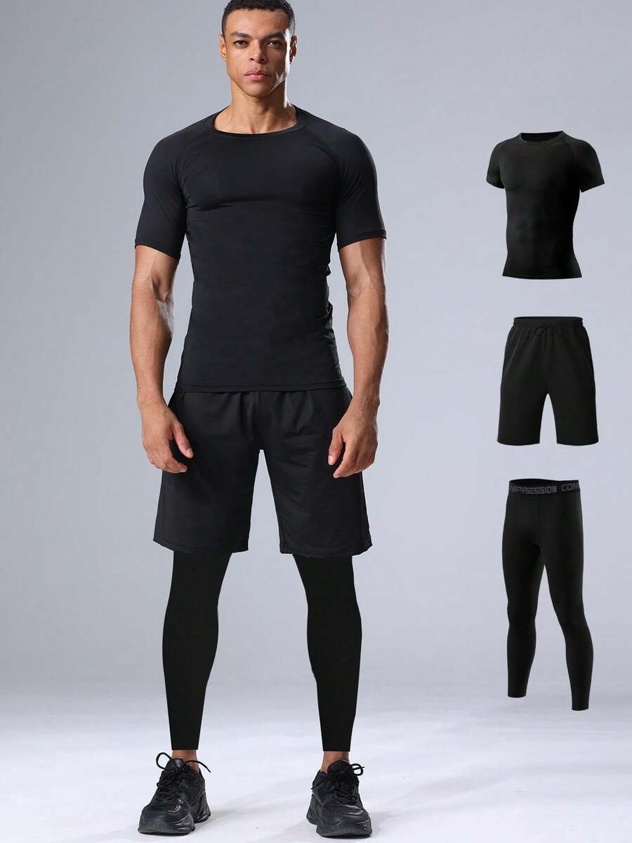 3pcs/Set Boyfriend Style Men's Workout Sports Suit - Compression Tight Skinny Fitness Tracksuits, Running Gym Outfit - Black - View 1
