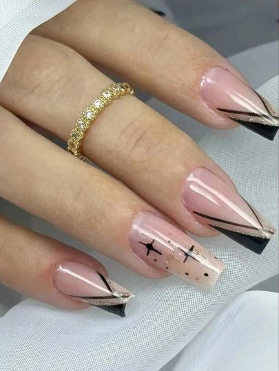 24 件全覆盖人造法式指甲，闪亮设计，美甲套装，含 1 个指甲锉和 1 个指甲凝胶片，适用于女士和女孩按压式指甲，美甲用品