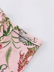 Conjunto de pijama de 2 piezas para mujer, con diseño floral y de tigre, para otoño e invierno. Incluye blusa de manga larga con solapa cómoda y pantalones holgados de cintura elástica. Conjunto casual de uso en casa o paseo, para vacaciones.
