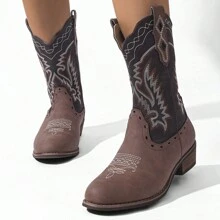 儿童西部牛仔靴，刺绣女童镂空青少年靴 - 棕色 - 查看 5