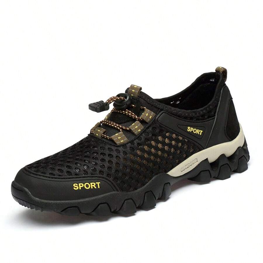 Men's Lightweight Mesh Sports Shoes, Casual Non-Slip Rubber Sole Sneakers For Outdoor Hiking Camping Running Athletic Sports - 黑色 - 查看 1