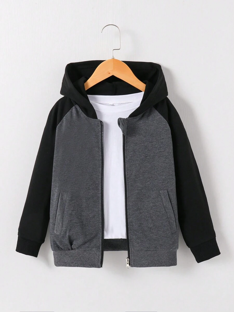 Tween Boy 秋季拼色连帽拉链夹克，保暖外套