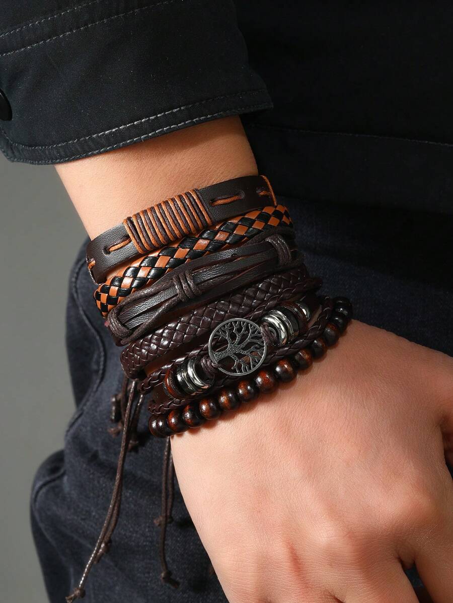 6pcs Vintage PU Life Tree Braided Beaded Bracelet Unisex
