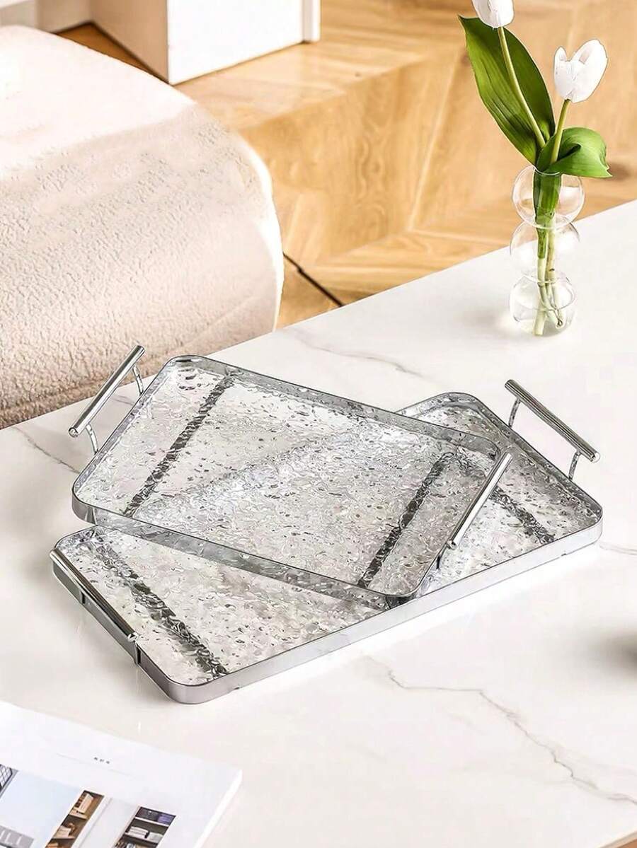 1pc Acrylic Ripple Design Tray, Nordic Style Creative Serving Platter, Fashionable For Snacks, Cups, Tableware - Silver - View 1