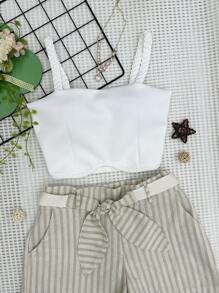 Women's Neoprene Cropped Set With Padding + Striped Shorts With Belt - 杏色 - 查看 3