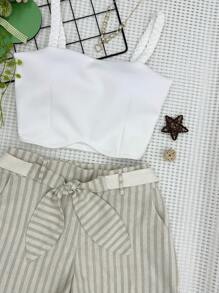 Women's Neoprene Cropped Set With Padding + Striped Shorts With Belt - 杏色 - 查看 2