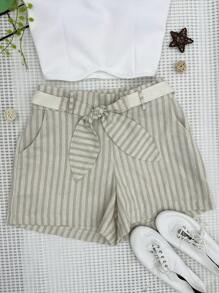 Women's Neoprene Cropped Set With Padding + Striped Shorts With Belt - 杏色 - 查看 4