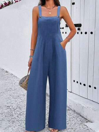 Women's Solid Color Pleated Pocket Button Straight Long Dungarees, Summer