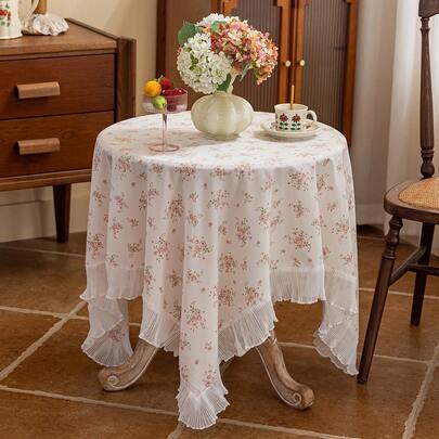1 khăn trải bàn họa tiết hoa, phong cách tươi mới với các cạnh xếp nếp, khăn trải bàn hình chữ nhật thích hợp cho bàn tròn/vuông, trang trí hàng ngày/đám cưới/nhà/bếp