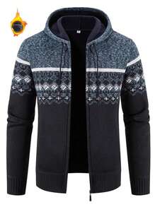 男士连帽针织毛衣，全拉链羊毛衬里开衫休闲常规版型针织连帽衫 - 黑色 - 查看 1