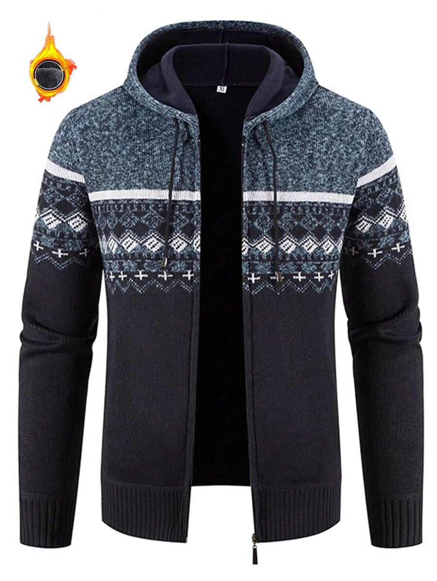 男士连帽针织毛衣，全拉链羊毛衬里开衫休闲常规版型针织连帽衫 - 黑色 - 查看 1