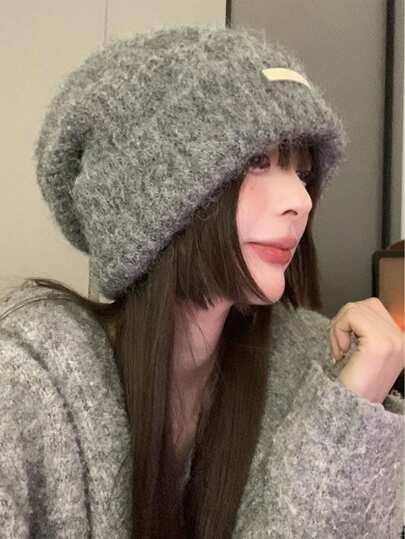 1pc Women's Oversized Knitted Beanie Cap, Warm Ear Protection Hats For Winter