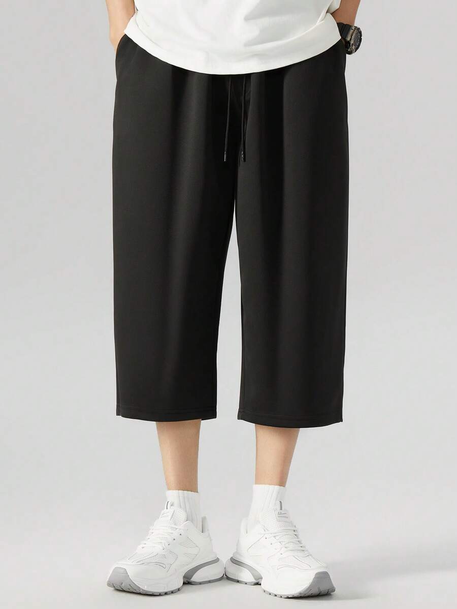 大码男士宽松直筒七分休闲裤，夏季新款宽松运动裤，品牌 - 黑色 - 查看 1