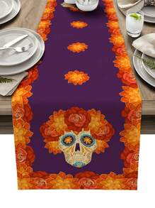 Flowers Wreath Linen Table Runners Floral Skull Skeleton Dresser Scarf Kitchen Dining Table Decor For Autumn Holiday Party Coffee Decorations - Multicolor - View 12