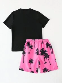 2 piezas/set Conjunto de ropa de playa informal para niño preadolescente 2024 nuevo con estampado de palmera, camiseta de cuello redondo de manga corta y shorts - Multicolor - Ver 5
