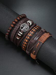 6pcs Vintage PU Life Tree Braided Beaded Bracelet Unisex