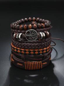 6pcs Vintage PU Life Tree Braided Beaded Bracelet Unisex
