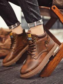 时尚搭配牛仔裤，男士高帮靴，新款秋季春季毛绒橡胶底黑色蓬松休闲中筒靴，时尚男士鞋搭配牛仔裤 - 棕色 - 查看 10