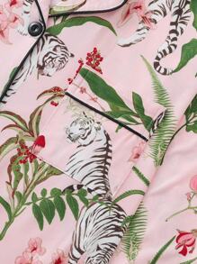 Conjunto de pijama de 2 piezas para mujer, con diseño floral y de tigre, para otoño e invierno. Incluye blusa de manga larga con solapa cómoda y pantalones holgados de cintura elástica. Conjunto casual de uso en casa o paseo, para vacaciones.