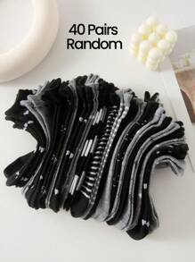 5/10/20/40 Pairs Women/Men/Kids 3-8 Years Old/Family Matching Short Socks, Black & Grey Series With Bow, Heart, Stripe, Polka Dot Patterns, Versatile & Comfortable, Suitable For Students, Adults, Gifts, Daily Wear (Multiple Combinations Available), Randomly Shipped