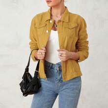 Women's Cropped Jean Jacket Long Sleeve Vintage Button Down Jeans Coat - Màu vàng - Xem 5