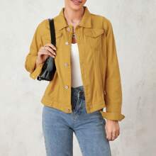 Women's Cropped Jean Jacket Long Sleeve Vintage Button Down Jeans Coat - Màu vàng - Xem 1