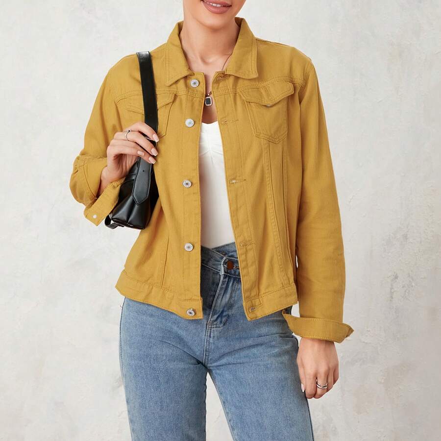 Women's Cropped Jean Jacket Long Sleeve Vintage Button Down Jeans Coat - Màu vàng - Xem 1