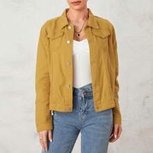 Women's Cropped Jean Jacket Long Sleeve Vintage Button Down Jeans Coat - Màu vàng - Xem 6