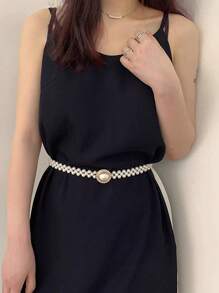 1pc Faux Pearl Decor High-Quality Elastic Waist Belt, Suitable For Daily Dress Matching Summer, School