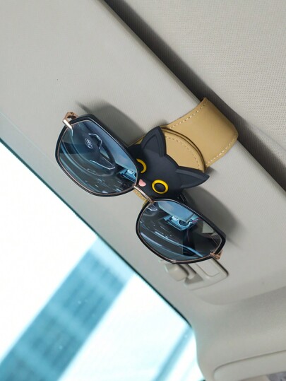 1pc Cute Cartoon Cat Magnetic Leather Car Sun Visor Sunglasses Clip Multifunctional Card Holder