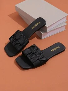 Wide Fit Thong Sandals For Women, Summer Non-Slip Soft Sole Casual Slippers, Outdoor Beach Flip Flops, Fashionable Square Toe Slides - Black - View 6