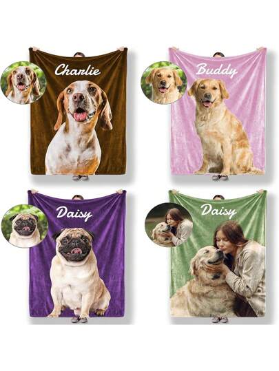 1pc Custom Text And Pet Photo Blanket, Personalized Home/Pet/Soft And Comfortable Blanket, Suitable For Bedroom Beds, Sofas, Office Multi-Purpose Blankets, Outdoor Camping Trips, Pet Memories