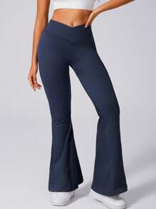 1pc Women's Ribbed Peach Buttock Shaping Flare Leggings, V-Shaped High Waist Fitness Yoga Pants