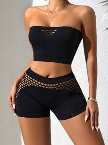 1 Set Women Sexy Hollow Out Lingerie Set Tube Bandeau Bra And Panties Two Pieces Set Women 2 Pieces Set