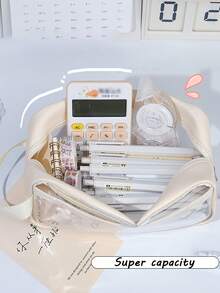 1pc Clear Pencil Case, Simple Design, Large Capacity, Visible For School Supplies, Suitable For Middle & High School Students - Beige - View 6