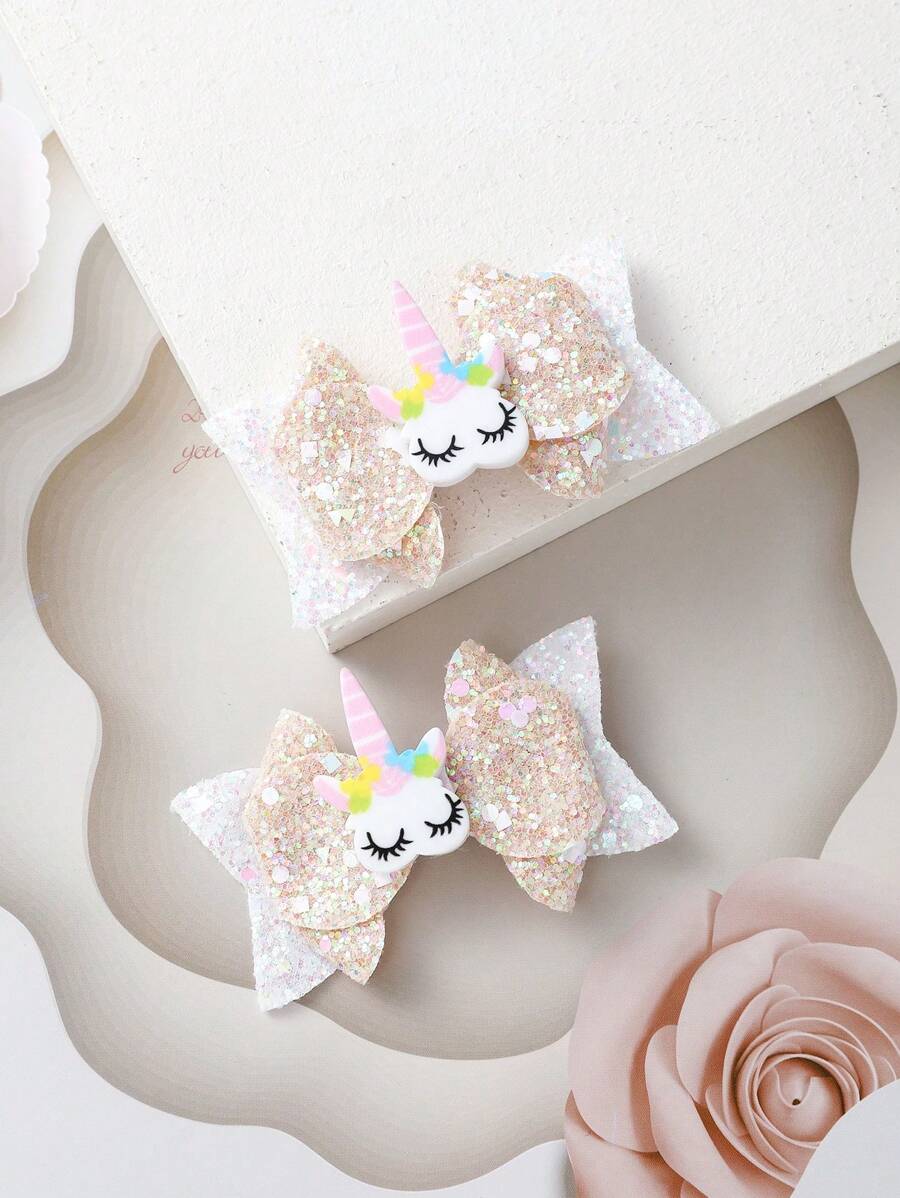 2pcs/Set Colorful Glitter Minimalist Korean Style Bow Hair Clips For Children - Multicolor - View 1
