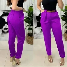 Women's Formal Tailored Trousers With Leather Belt And Pockets - 玫瑰紅 - 查看 1