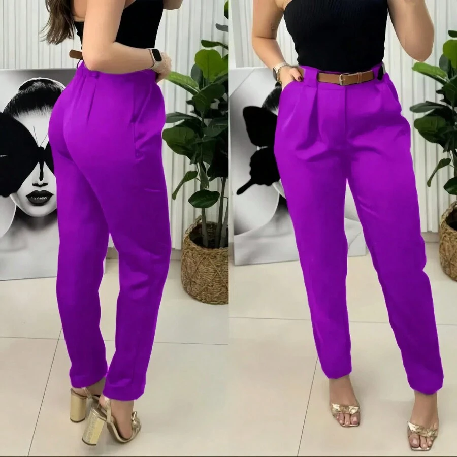 Women's Formal Tailored Trousers With Leather Belt And Pockets - 玫瑰紅 - 查看 1