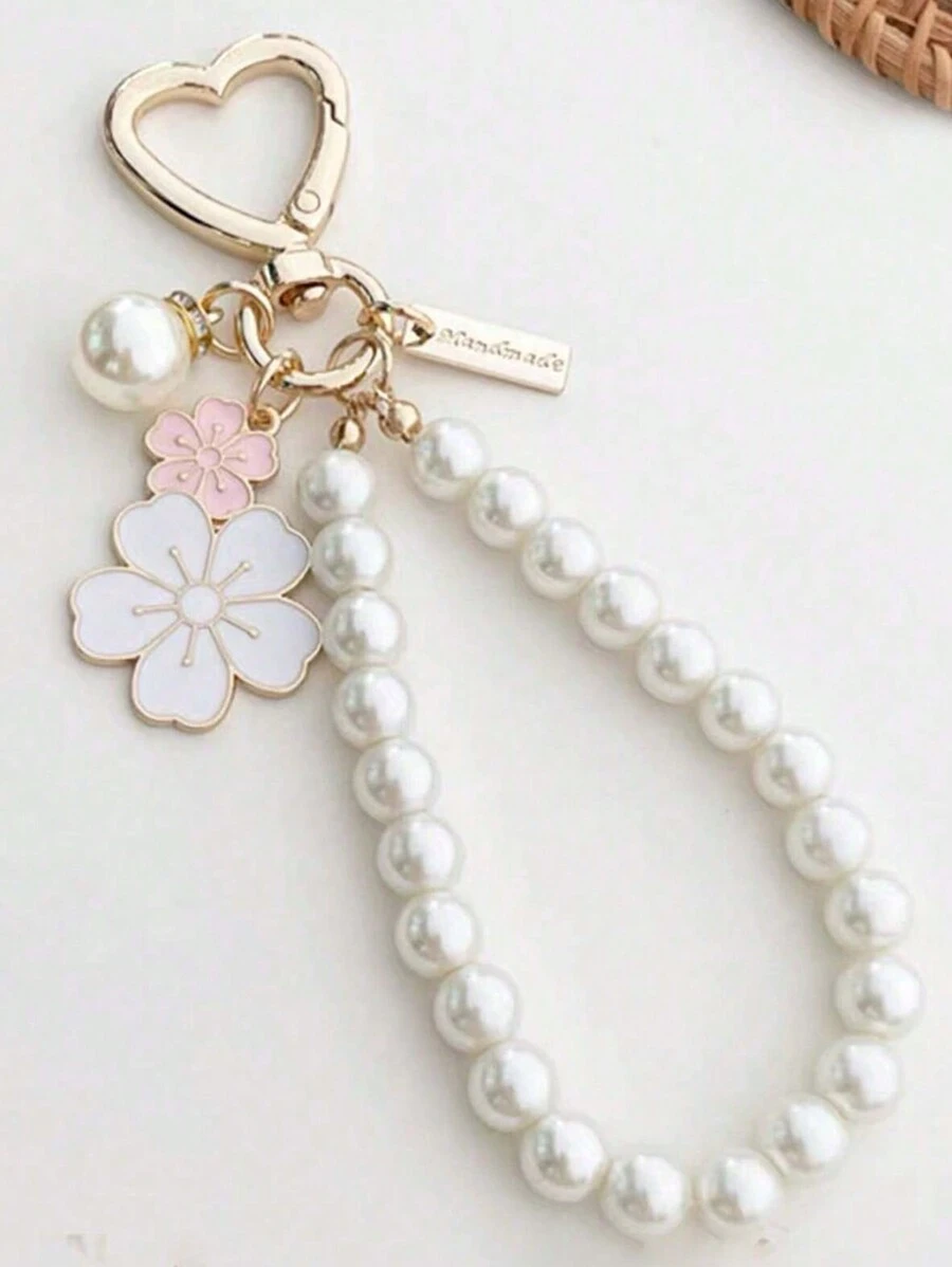 Elegant 1pc Flower Patterned Alloy Pearl Bracelet, Keychain, Purse Pendant Keychain Charms - White - View 1